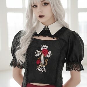 Dolls Kill Black Lace Blouse with Red Embroidery.